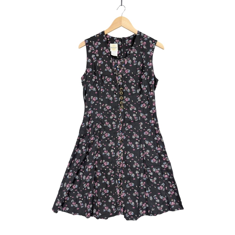 90s JR Bentley Floral Dress Womens 12 Black Fit Flare Corset Back Sleeveless